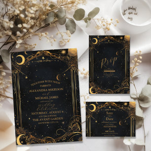 Invitation Tarot Celestin Mariage Sun Moon Stars Gold