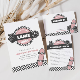 Girls' Checkered Skateboard Groovy Hippie Birthday Einladung