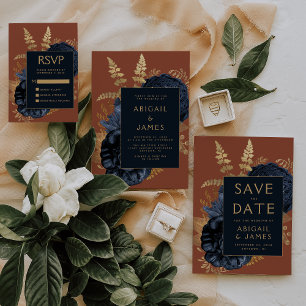 Invitation Floral Navy Blue Rust Gold Wedding Enregistrer la 