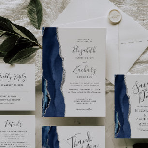 Cartons Réponse Mariage Moderne Bleu Nuit Agate Argentée