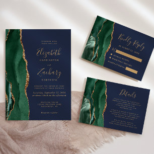 Invitation Emerald Green Gold Agate Mariage bleu marine