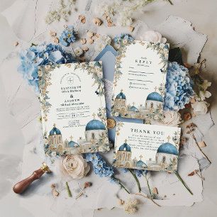 Botanische Hochzeit mit blauen Kuppeln auf Santori RSVP Karte