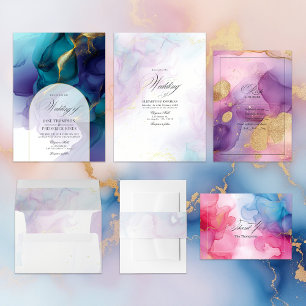 Cartons Réponse Élégant encre d'alcool violet et coulant d'or