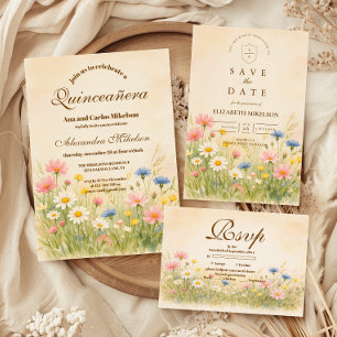 Invitation Prairie de Fleurs Sauvages Or Quinceañera
