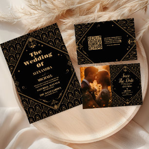 Schwarzes Gold Elegante Geometrische Art Deco Save The Date