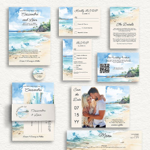 Cartons Réponse Watercolor Beach thème Mariage et option Entree