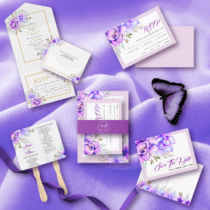 Invitation Trois Volets Fleurs d'aquarelle violette, lilas et mariage RSVP
