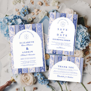 Invitation Patchwork de mariage en carreaux de Delft bleus