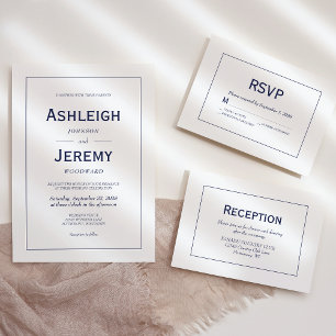 Modern Minimalist Navy Blue White Wedding RSVP Karte
