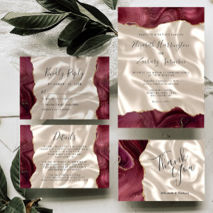 Carte D'accompagnement Burgundy Gold Agate Ivory Silk Détails du Mariage