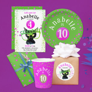 Niedlich Girl Black Cat Pink Green Glitzer Wasserf Runder Aufkleber