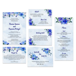 Royal Blue Watercolor Floral Faire-part de mariage