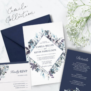 Elegant Watercolor Navy Blue Floral Wedding Einladung