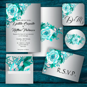 Invitation Roses Aqua et Mariage Silver