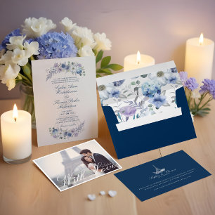 Französisch Blue & Lavender Watercolor Floral Wedd Runder Aufkleber