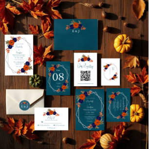Invitation Rustique Automne Orange Marine Bleu Post-Mariage B
