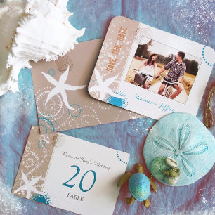 Tan Ivory Aquamarin Modern Beach Wedding Einladung