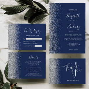 Silver Glitzer Edge Navy Blue Wedding Vielen Dank Karte