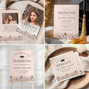 Invitation Boho Fleurs sauvages Blush Pink Graduation Party