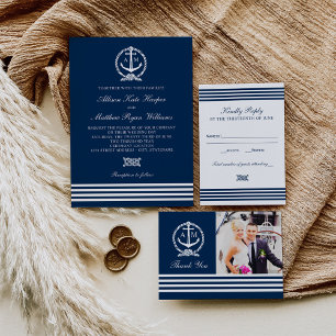 Invitation Bleu marine Bleu Blancs Ancres Mariage