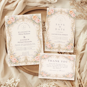 Rosa Barock-Rosen-Hochzeit in Rosé Einladung