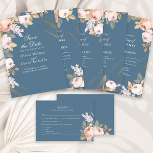 Boho Blue and Blush Peonies Wedding RSVP Card Dankeskarte