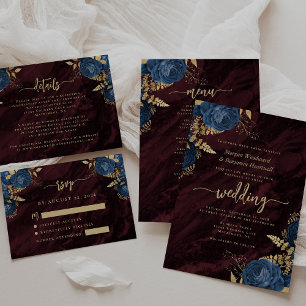 Invitation Mariage bleu marine or floral bordeaux