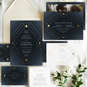 Navy Blue & White   Gold Deko Lines Save the Date Ankündigung