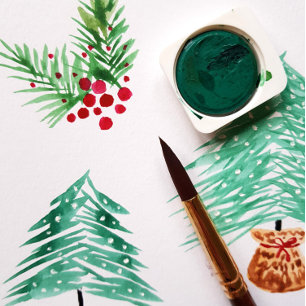 Kiefernkiefer mit handgemalten Wasserfarben und Ro Feiertagspostkarte