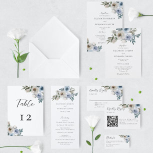Invitation Tout En Un Dusty Blue Mariage QR Code Floral Elegant Spring