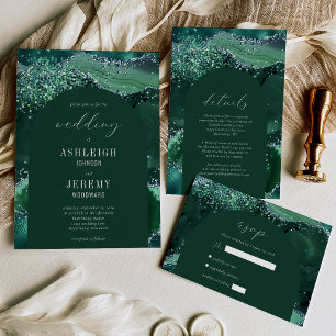 Emerald Green Agate Arch Silver Glitzer Wedding RSVP Karte