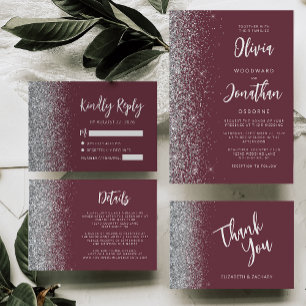 Carte D'accompagnement Burgundy Silver Parties scintillant Script Détails