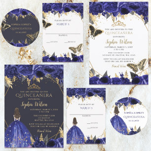 Royal Blue Gold Floral Princess Quinceanera Runder Aufkleber