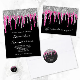 Black Silver Pink Glitzer Tropfen Quinceañera Grac Postkarte