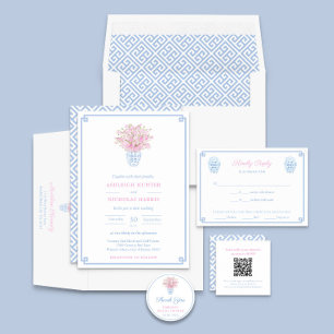 Invitation Chinoiserie Chic Rose Et Bleu Aquarelle Mariage