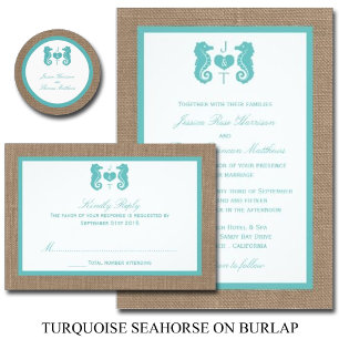 Türkisfarbenes Seepferd Burlap Beach Wedding Colle Einladung