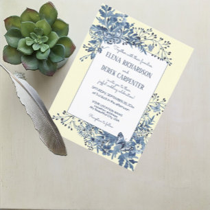 Invitation Mariage d'aquarelle bleu foncé, jaune pâle