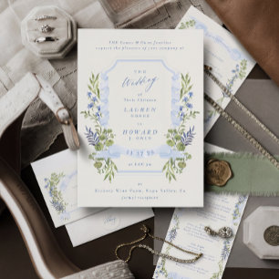 Invitation couronne de mariage avec blason de jardin bleu et 