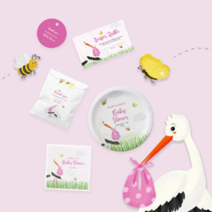 Rustikaler Storch mit Baby-Dusche für Bienen & But Einladung