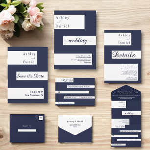 Save The Date Élégant minimal Marine bleu blanc Mariage moderne