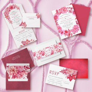 Invitation Tout En Un Fleurs roses et rouges et mariage d'arche