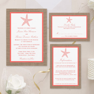 Die Coral Starfish Burlap Beach Wedding Collection All In One Einladung