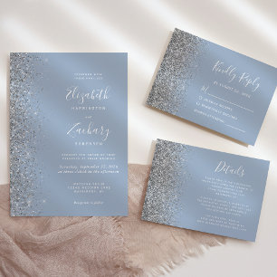 Invitation Mariage moderne Dusty Blue Silver Parties scintill