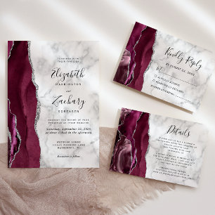 Burgundy Silver Agate Marble Wedding RSVP Karte