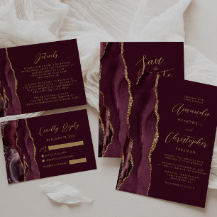Cartons Réponse Burgundy Agate Gold Calligraphy Script Mariage