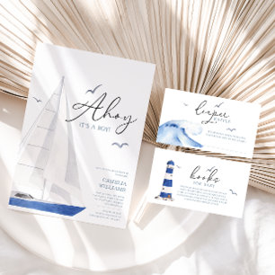 Minimal Nautical Sailboat Ahoy Geburtstagsparty Einladung