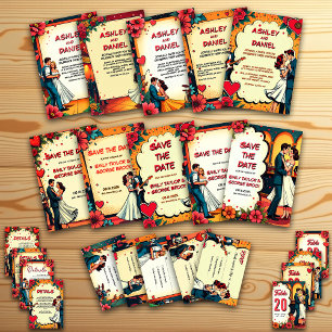 Retro Romantische Braut- und Groom-Tanz-Comic Hoch Einladung