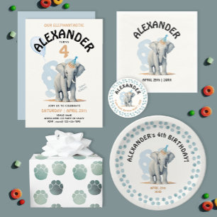 Papier Cadeau Bébé bleu mou Gris d'éléphant Empreintes Aquarelle