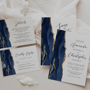 Cartons Réponse Agate Marine Blue Gold Mariage de script moderne