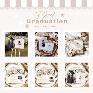 Invitation Elégant Photo Marine Gold Floral Graduation